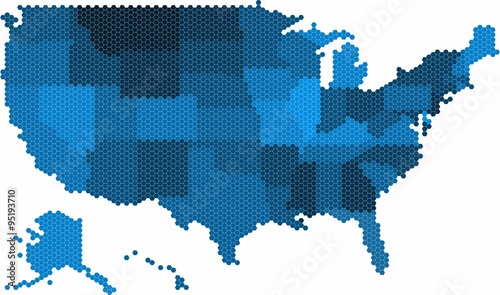 Blue hexagon shape USA map on white background, vector illustration.