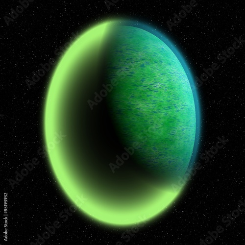 Fototapeta Naklejka Na Ścianę i Meble -  Illustration of a bright green planet somewhere in far darkness