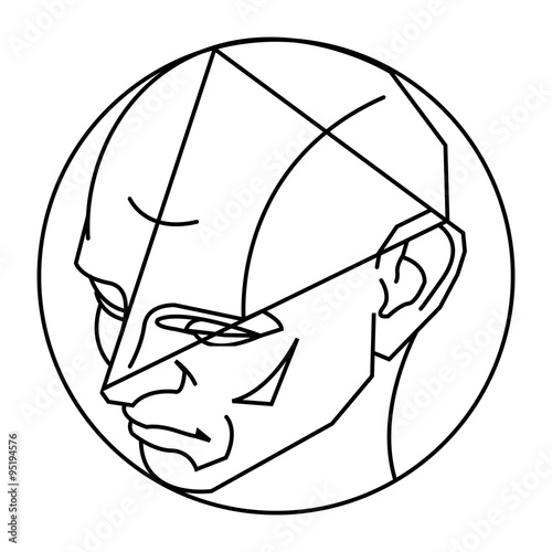 Minimalistisches Gesicht eines Menschen, nur in seiner grundlegende Geometrie dargestellt, mit geschlossenen Augen und gesenktem Blick.