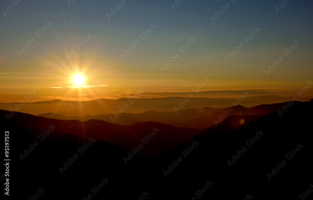 Beautiful landscape at sunset over the mountain ranges.