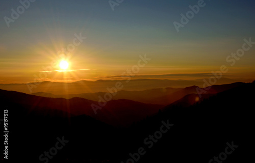Beautiful landscape at sunset over the mountain ranges.