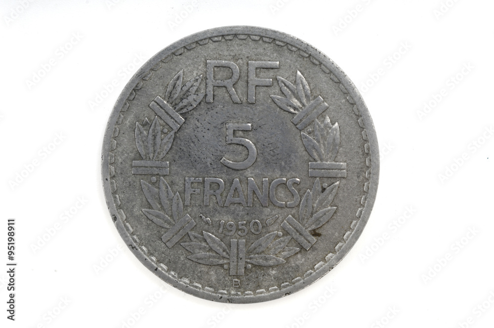 A French coin, five francs, from 1950.