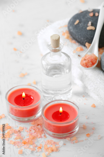 Composition of spa treatment on table  on white background