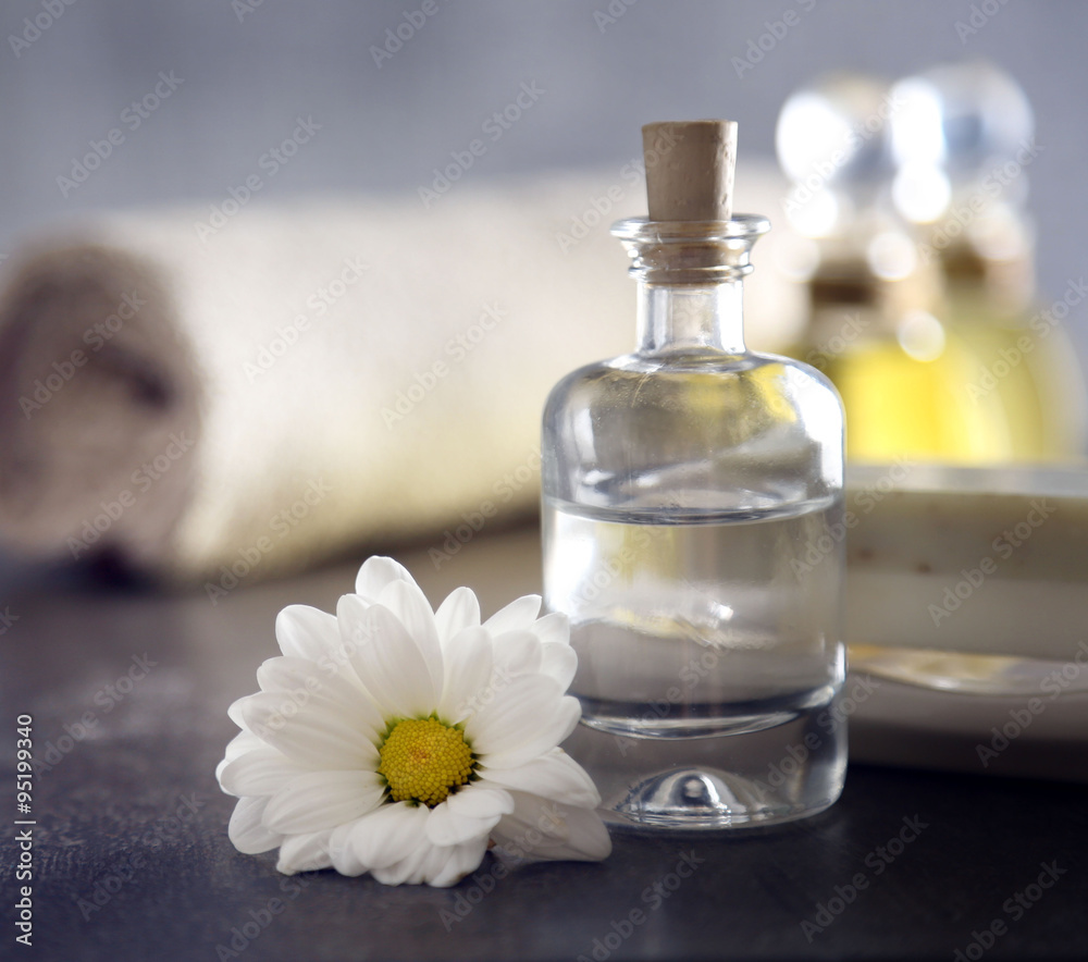 Composition of spa treatment on table colorful background Composition of spa treatment on table colorful background