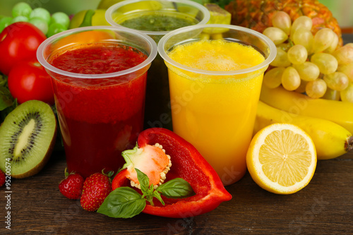 Fresh juice mix fruit, healthy drinks on wooden table background