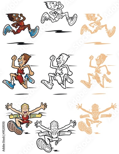 Three cartoon illustrations of men running. In full color, black outline, and reverse for printing on dark backgrounds. 
