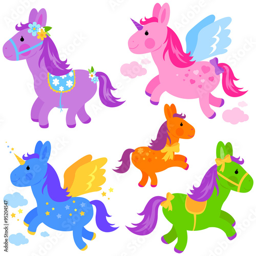 Cute pony horses and unicorns. Vector Illustration set.