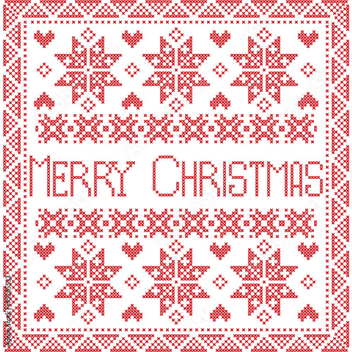 Merry Xmas Scandinavian style Nordic winter stitch, knitting seamless pattern in the square shape including snowflakes, trees, merry christmas sign in tile style in red 