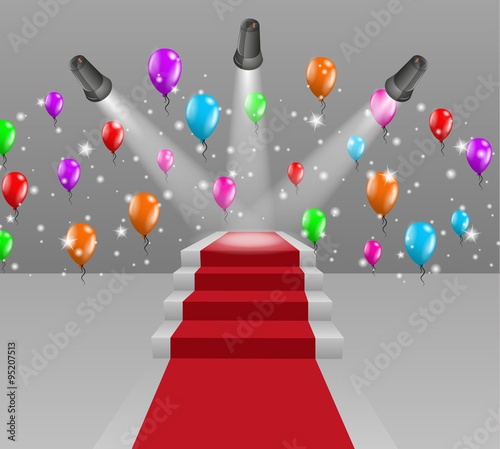 stairs with red carpet and three lights