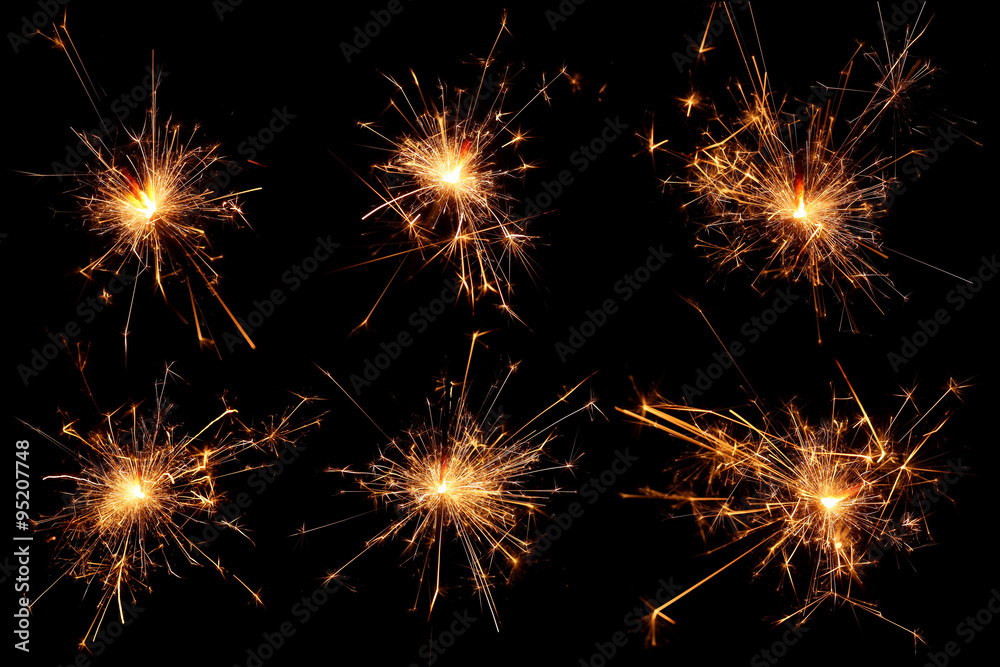 Set of Christmas sparkler on black background.