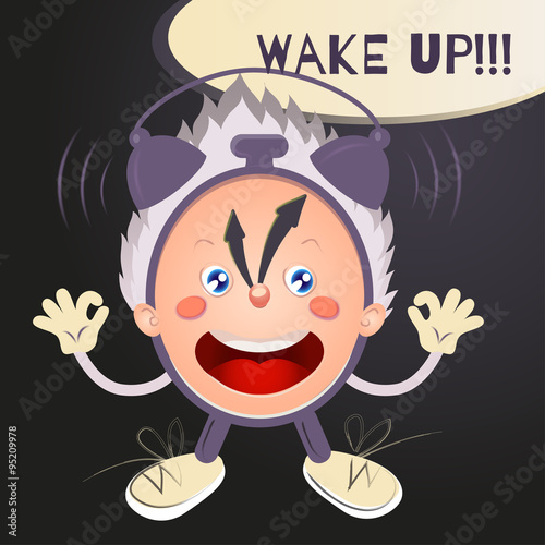 Funny cartoon alarm clock. Ringing "Wake up!" cartoon alarm clock character