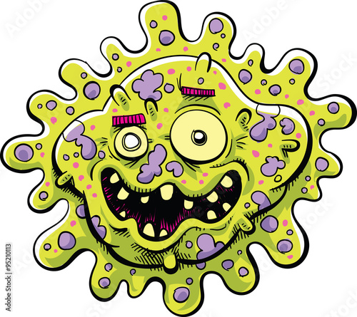 A happy cartoon bacteria germ with an ugly, toothy smile.