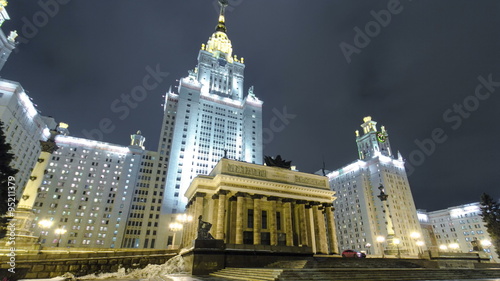 The Main Building Of Moscow State University On Sparrow Hills At Winter timelapse hyperlapse at Night
