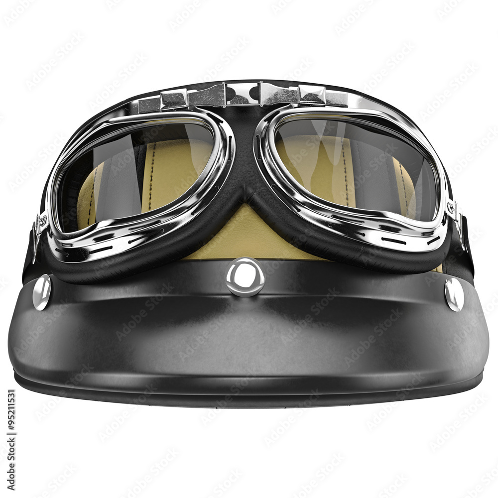 Naklejka premium Leather motorcycle helmet with yellow stripes front view