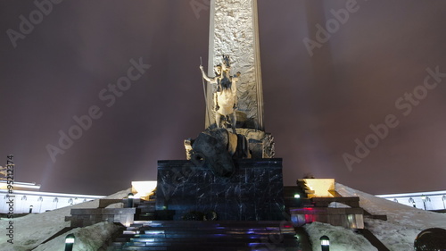 George the Victorious monument in Victory park architectural ensemble, obelisk, at evening timelapse hyperlapse in Moscow, Russia