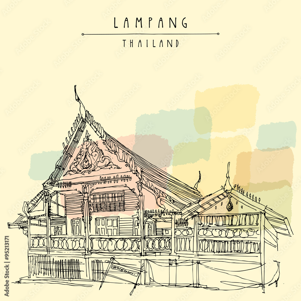 A temple building in Lampang. Hand drawn postcard