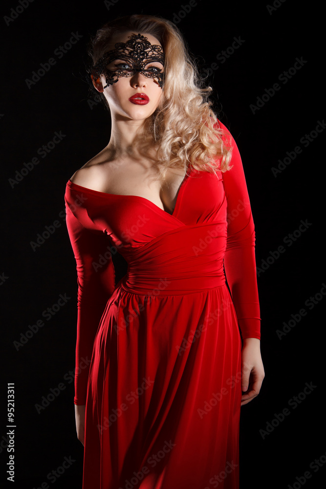Young lady red evening dress and a mask Stock Photo | Adobe Stock