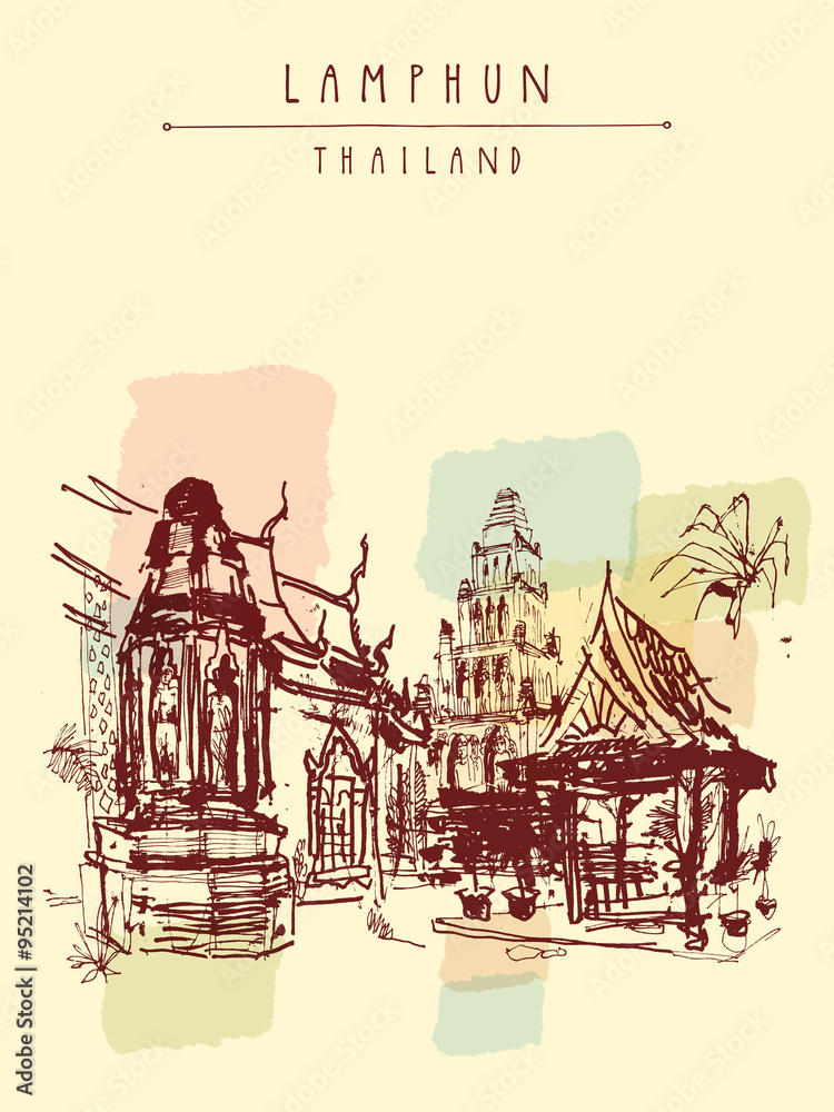 Old buddhist temple in Lamphun, Thailand - hand drawn postcard Old buddhist temple in Lamphun, Thailand - hand drawn postcard
