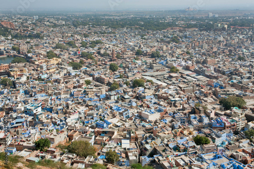 City landscape with brick blue houses in Rajasthan