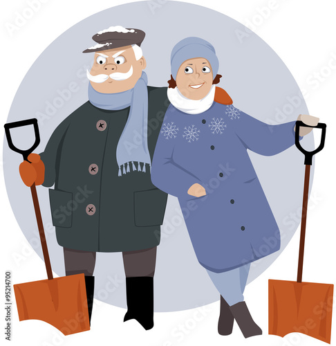 Happy retired couple shoveling snow, EPS 8 vector illustration