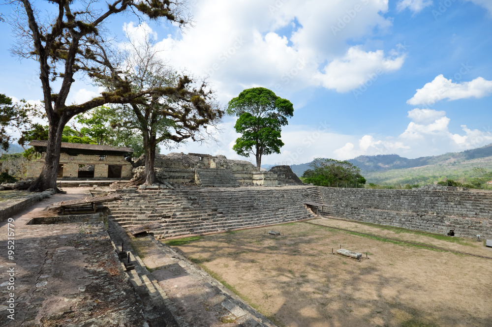 Structures of Eastern court at Copan archaeological site of Maya civilization in Honduras