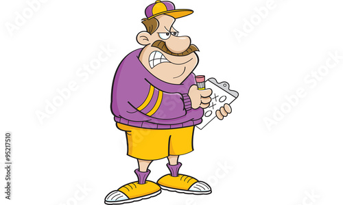 Cartoon illustration of an angry coach holding a clipboard.