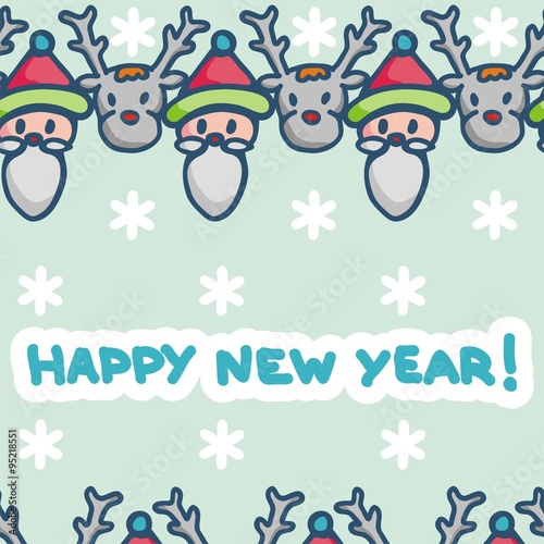 postcard for new year with fanny santa and deer. Vector illustration