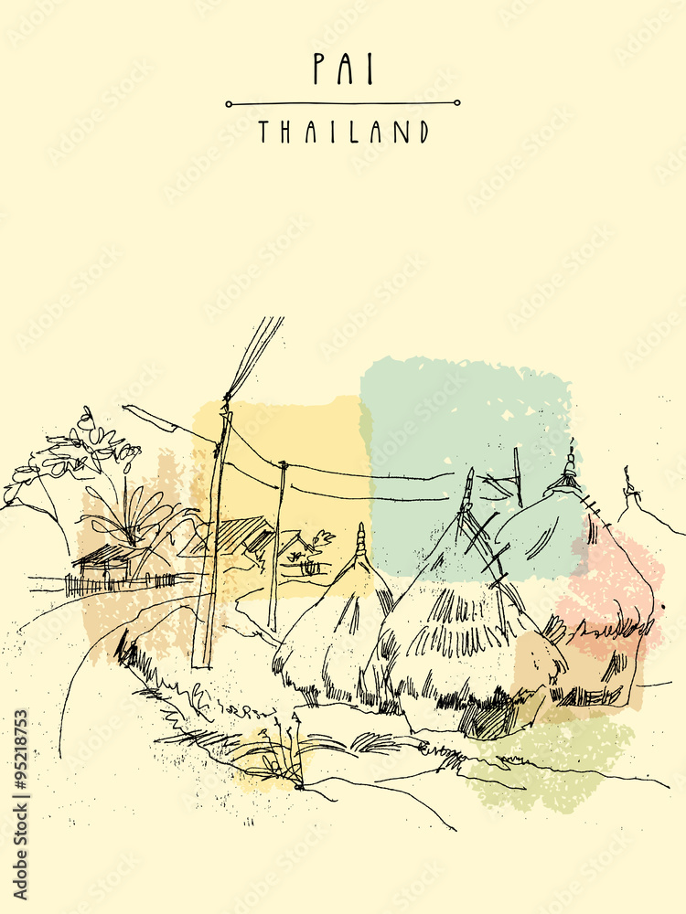 Haystacks in Pai valley Thailand hand drawn vintage artistic postcard template