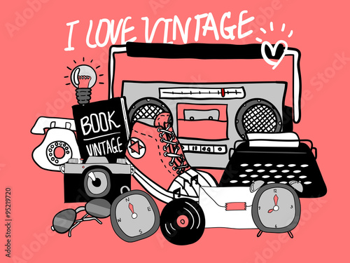 beautiful illustration design of vintage things such as vintage shoe,vintage tape cassette player,vintage record,clock,vintage camera,vintage telephone,typewriter,vintage glasses,vintage book,compass