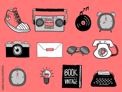 beautiful illustration design of vintage things such as vintage shoe,vintage tape cassette player,vintage record,clock,vintage camera,vintage telephone,typewriter,vintage glasses,vintage book,compass