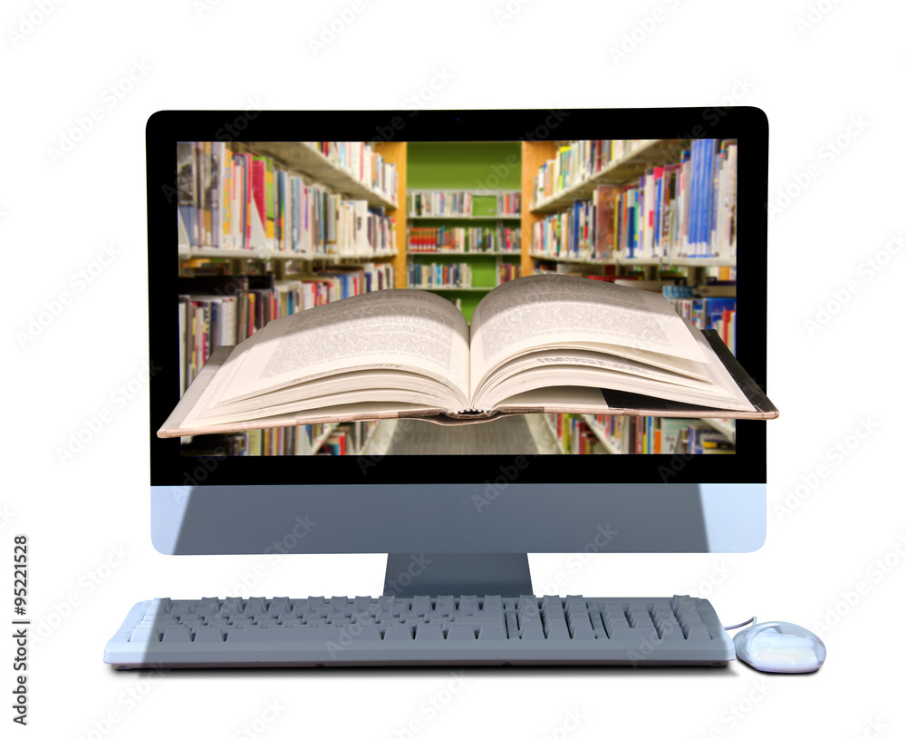 A book coming out of a computer with library on the screen of the computer  representing online library, school, manual, instruction, e-book, research,  search, dictionary, thesaurus and encyclopedia. Stock-Foto | Adobe Stock