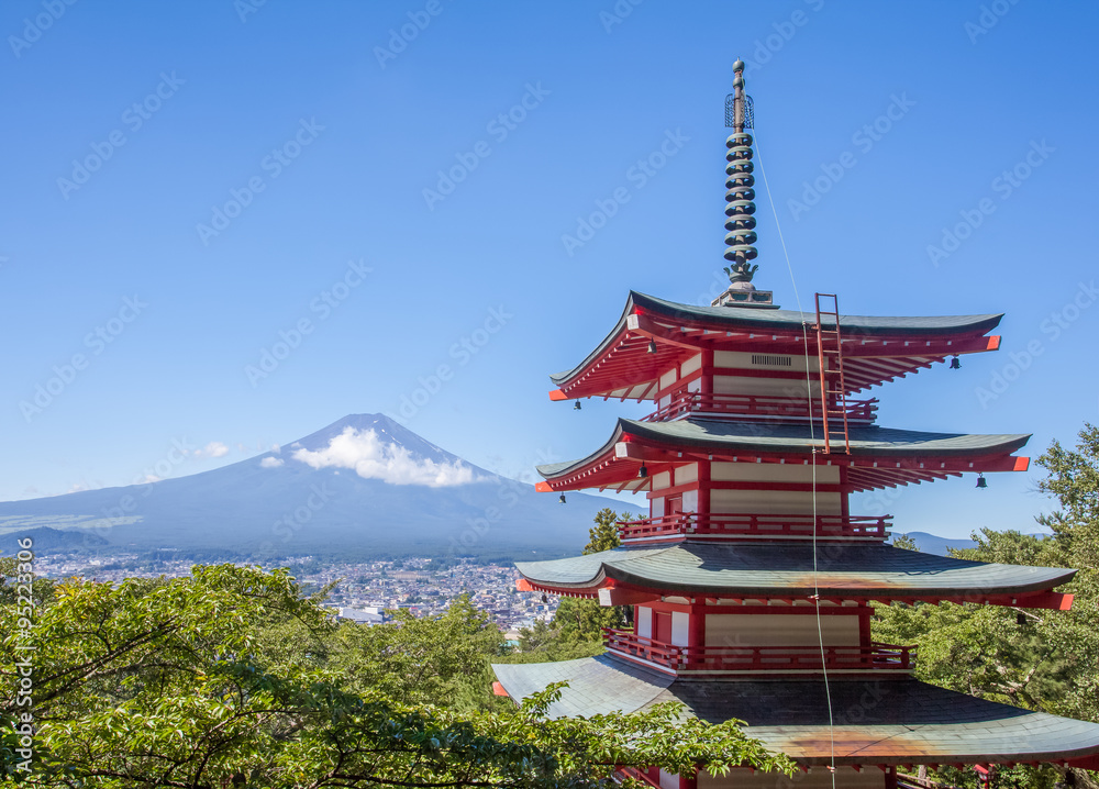 Japan Chureito red pagoda and Mountain fuji in summer season