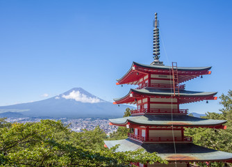 Japan Chureito red pagoda and Mountain fuji in summer season