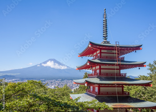 Japan Chureito red pagoda and Mountain fuji in summer season