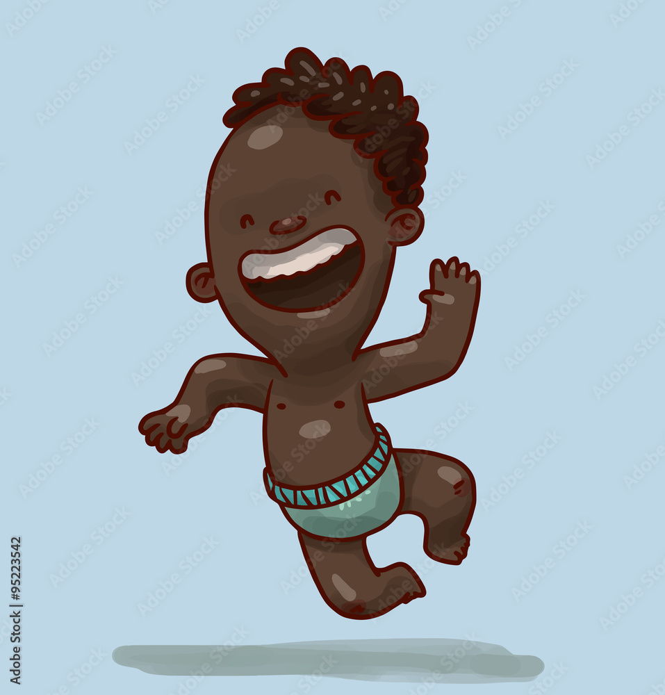 Vector Cute black boy jumping. Cartoon image of a cute little black boy  with black curly hair in a light blue diaper laughing and jumping on a  light blue background. Stock Vector |