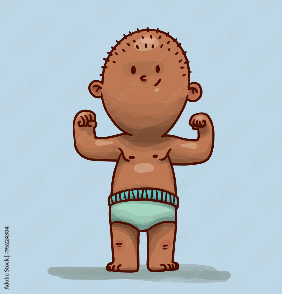 Vector Cute strong boy. Cartoon image of a cute little strong boy with  short little hair dark hair in a light blue diaper on a light blue  background. Stock Vector | Adobe