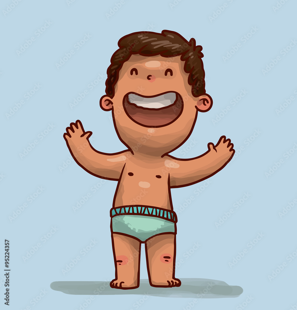 Vector Happy laughing boy. Cartoon image of a cute little boy with dark  brown hair in a light blue diaper laughing on a light blue background.  Stock Vector | Adobe Stock