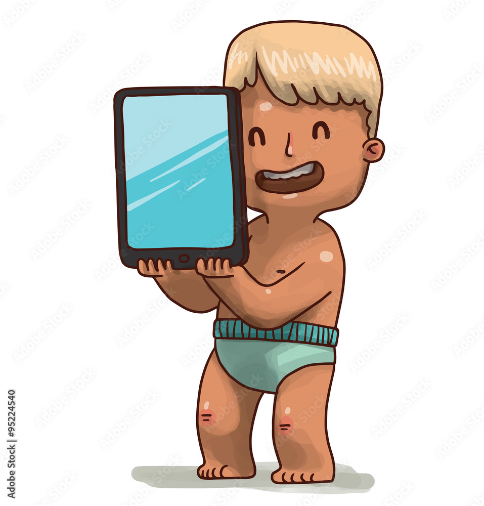 Vector cartoon image of a cute little boy with blonde hair in a light blue  diaper standing with a black tablet with blue screen in his hands on a  white background. Stock