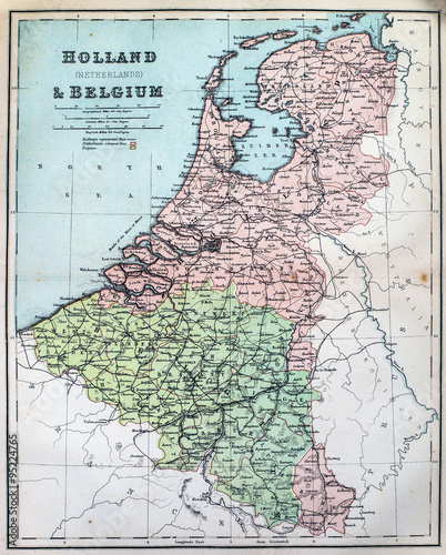 Billede på lærred Map of 19th Century Holland and Belgium