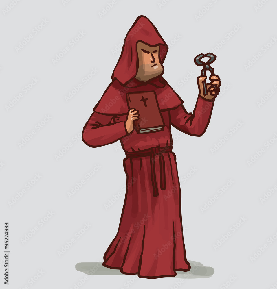 Vector Inquisitor with a holy book. Cartoon image of the Inquisitor in a red cassock with a hood with red holy book in one hand and a gray metal tongs in the other on a light gray background.