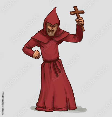 Vector Inquisitor with a cross. Cartoon image of the Inquisitor in a red cassock with a hood with brown wooden cross in his hand on a light gray background.