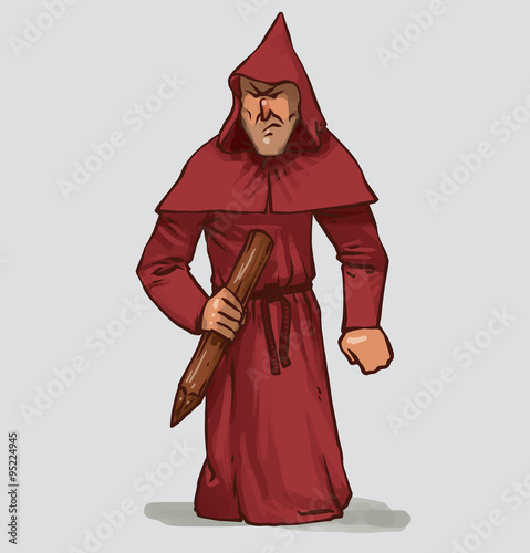 Vector Inquisitor with a stake. Cartoon image of the Inquisitor in a red cassock with a hood with brown wooden stake in his hand on a light gray background.