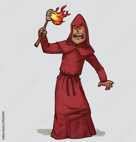 Vector Inquisitor with a torch. Cartoon image of the Inquisitor in a red cassock with a hood with a brown wooden burning torch in his hand on a light gray background.