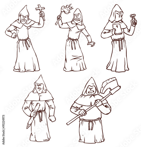 Vector Inquisitors set, line art. Line cartoon image of the five inquisitors in cassocks with hoods in various poses on a white background.