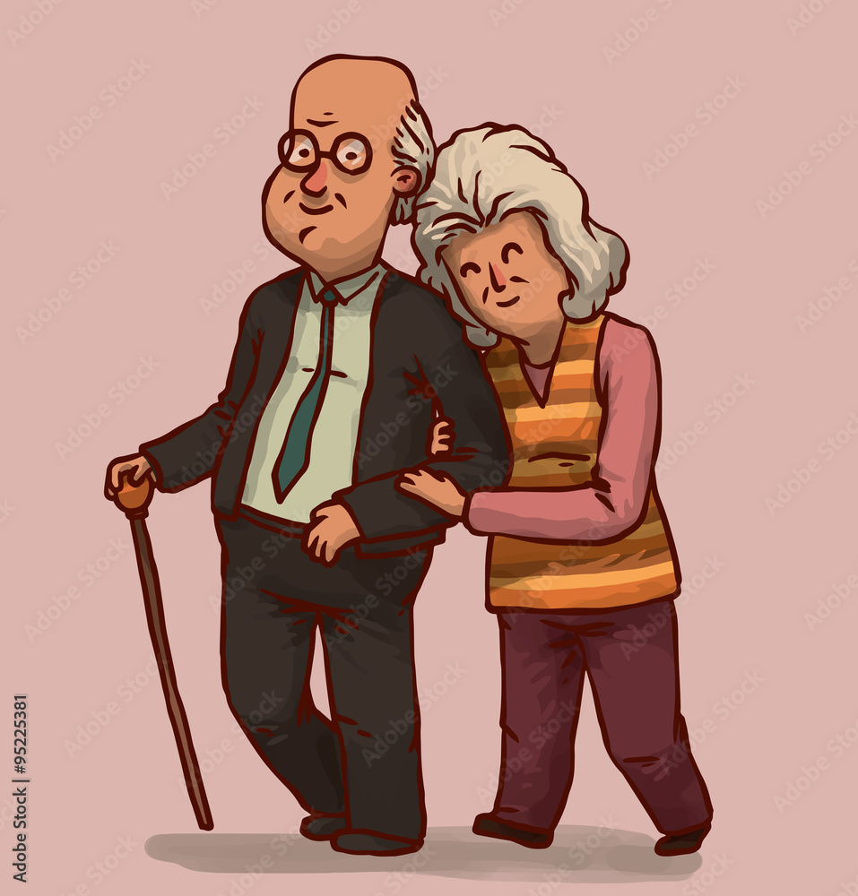 Vector cartoon image of happy old couple: she - with gray hair in brown  pants, yellow vest,