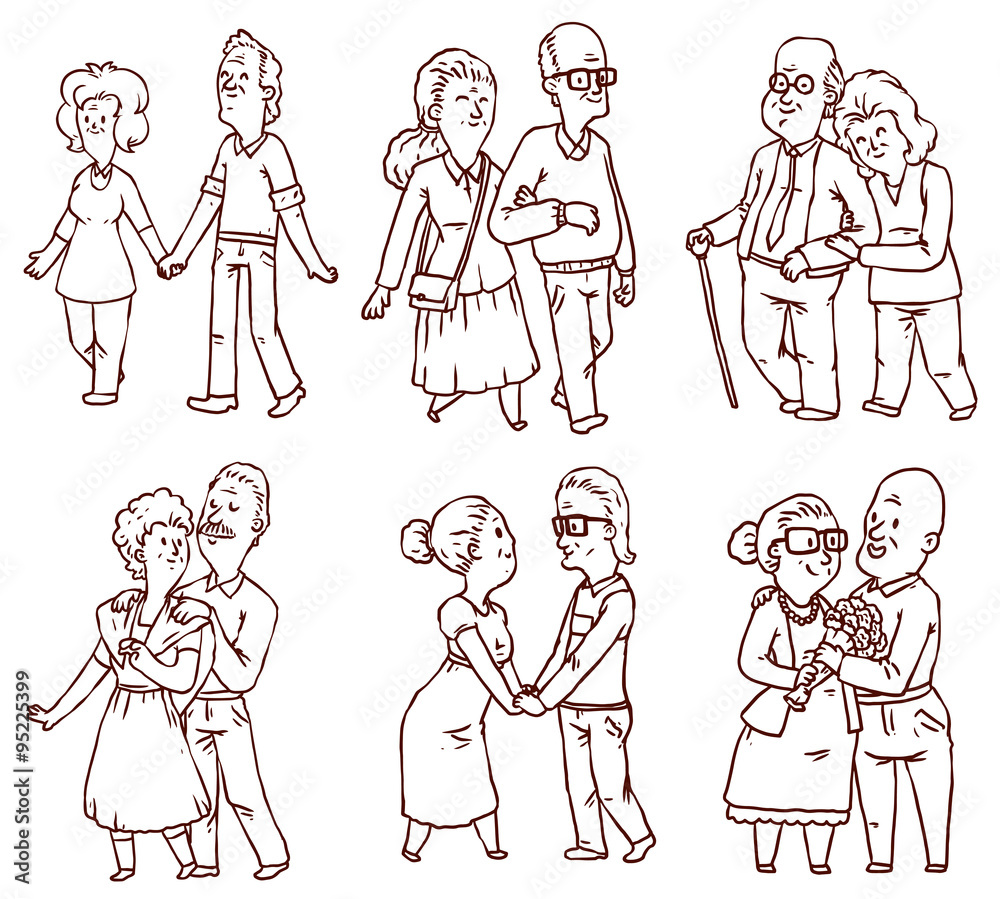 Vector Line happy old couples set. Line cartoon image of happy old couples a different appearance in different poses on a white background. Vector Line happy old couples set. Line cartoon image of happy old couples a different appearance in different poses on a white background.