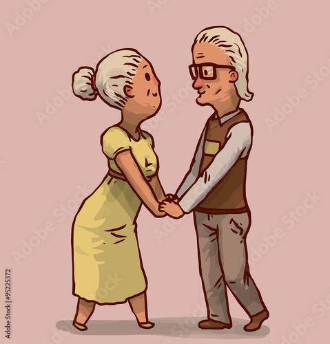 Vector cartoon image of happy old couple: she - with gray hair in yellow dress, he - with gray hair in glasses, in gray trousers, brown vest, looking at each other's eyes on a pink background.
