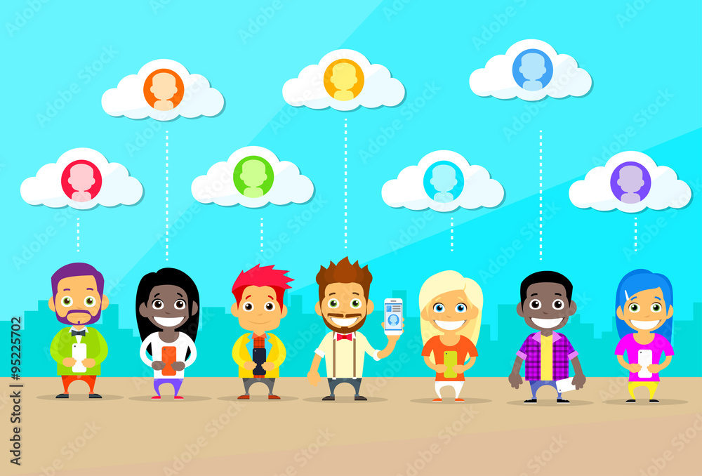 Cartoon Man and Woman People Group Use Smart Phones Internet Communication Connection Concept Cartoon Man and Woman People Group Use Smart Phones Internet Communication Connection Concept