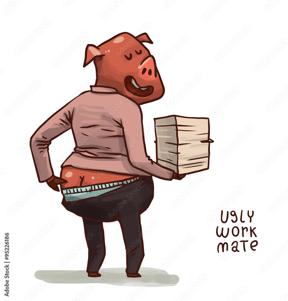 Vector cartoon image of ugly work mate as a pink pig in black trousers and  light