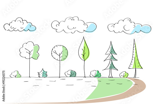 Green Trees Hand Draw Park Simple Line